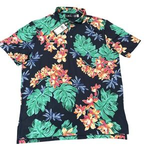 RLX Ralph Lauren Men's Large Floral Print Golf Polo Shirt Navy Orange Green
